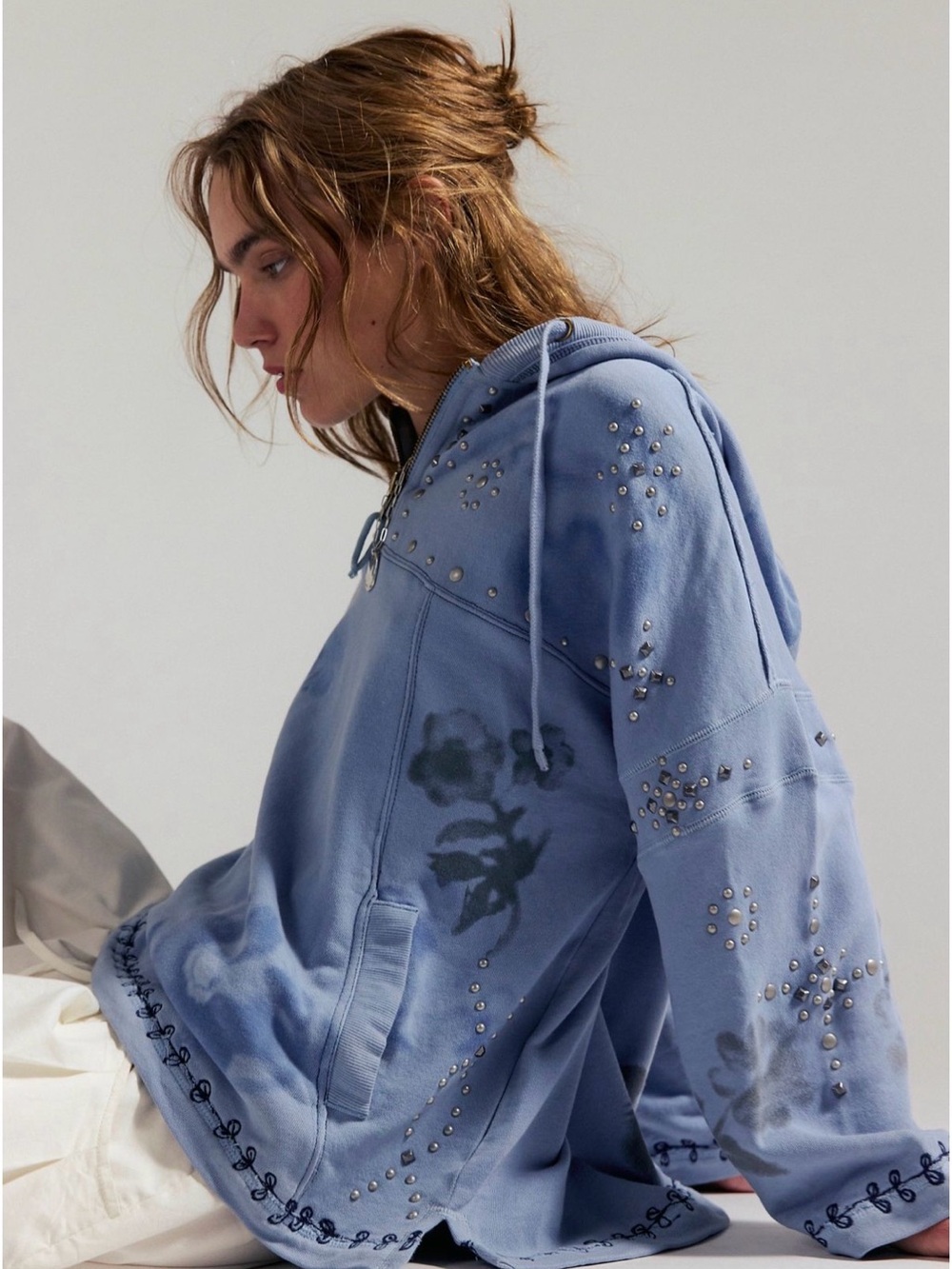 NWT Free People Sweatshirt Silver Studded Floral Embroidered -  Half Zip Hoodie